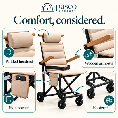 Paseo Comfort feature guide: padded headrest, wooden armrests, side pocket and footrest
