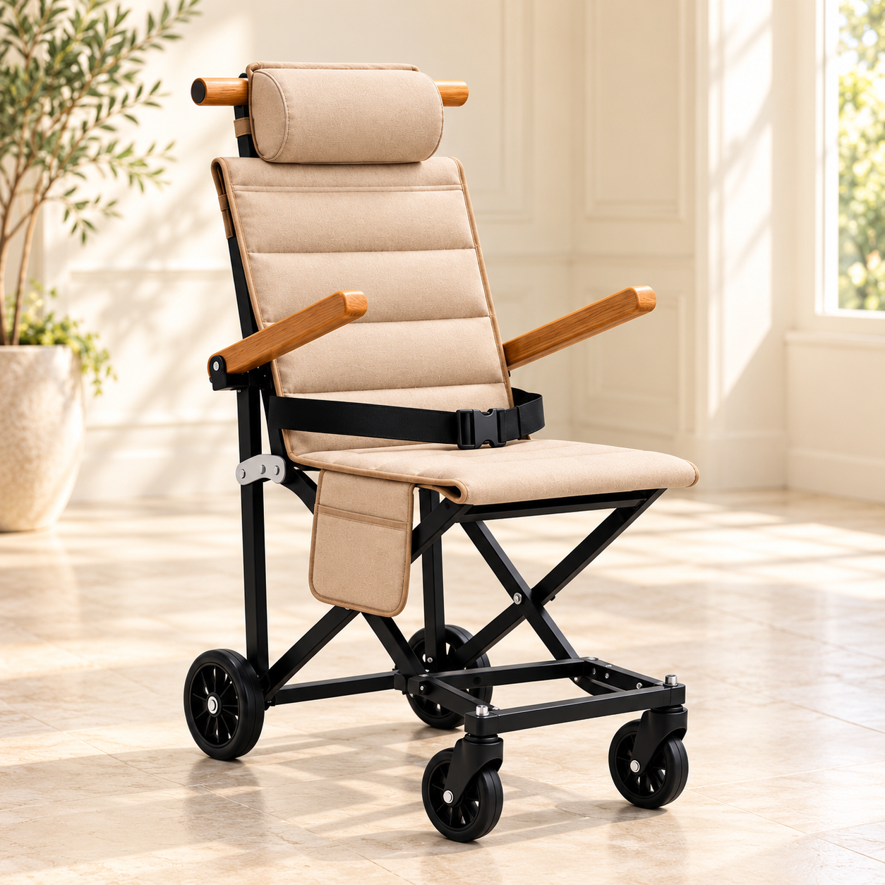 Paseo Comfort beige transport chair with black frame